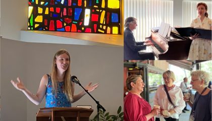 Woman speaking at a lectern and bright stained glass window behind. Man playing the paino, woman signing and group of three women talking and drinking lemonade.