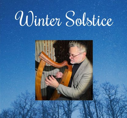 Winter starry sky with man playing harp