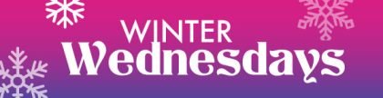"Winter Wednesdays" in purple and pink gradation header band with snowflakes