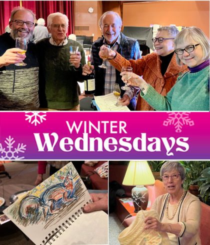 Winter Wednesday activities include people dtoasting with wine, drawing in a sketchbook and a woman knitting.
