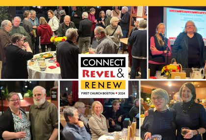 People eating and enjoying food together: Connect, Revel and Renew: First CHhurch Boston 2024 Annual Canvass