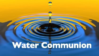 Yellow to blue colors with at drop of water with the text Water Communion