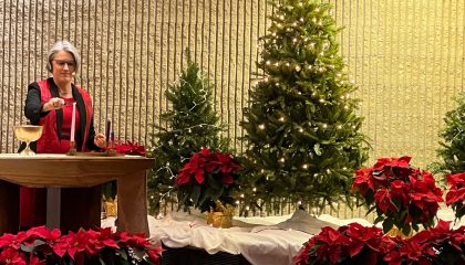 Woman with grey hair lighting a candle with pointsettias and Christmas trees in background