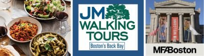 three pictures of a dinner with wine, JM Walking tours, and MFA vist