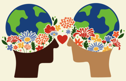 illustration of two profile heads with a globe on their head and flowers around theire head