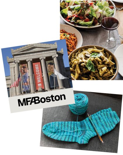 A collection of thre pictures: A meal with winer, MFA Boston and turquoise knitted socks