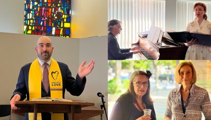 Minister with yellow stole at lectern speaking with colorful stainned glass windwo behind, second small photo man playing piano and woman singing third photo: two women outdoors, one has a glass.