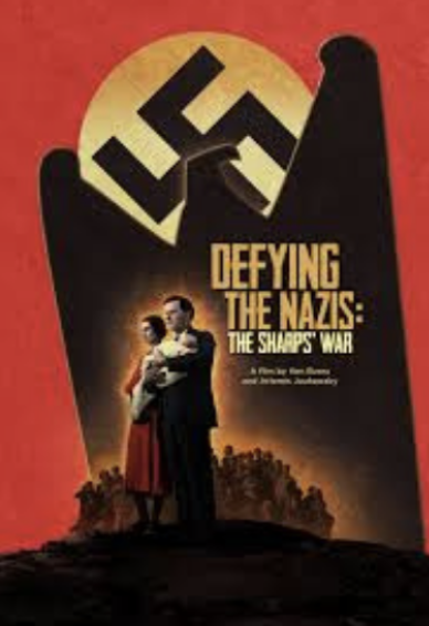 Book cover with dark red background, swatzika and title Defying the Nazis