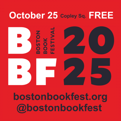 Boston Book Festival 2025 logo as a red square with black and white type