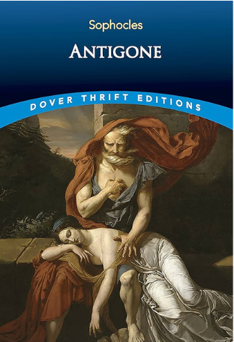 A dark colored blook titled Antigone by Sophocles with a figure and turquoise arch over the figure