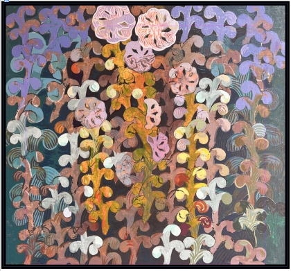 Square painting with flower shapes and patterns in pink, blues and white with a black frame