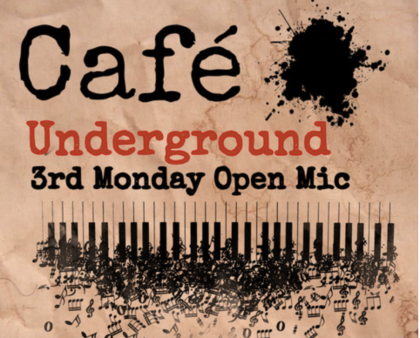 Cafe Underground black and red type on a brown background with spltches of ink and black piano keys