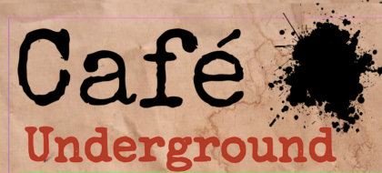Cafe Underground in typewriter red and black type with black ink spot on tan backgroujn d