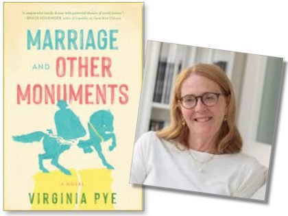 Book with yellow cover "Marriage and Other Monuments" with smiling woman with glasses
