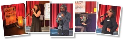 A series of photos showing people singing with a microphone in their hand, or playing the piano with a red curtain behind them.