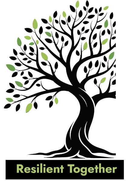 Black line drawing of a tree with some green leaves and the words "Resilient together" in a band of black under the tree trunk